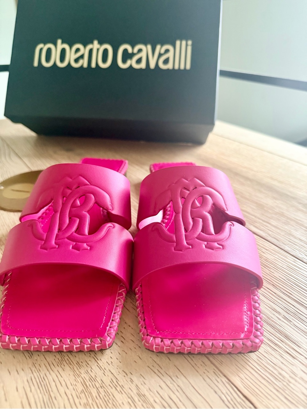 Roberto Cavalli Leather Braided Slides Monogram RC Logo Pink Sandals US 8 EU 38